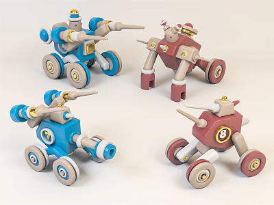 Colorful Wooden Robot Toys With Blue Red Wheels And Cannon Tubes 3d model