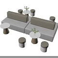 Modern Casual Sofa Set with Round Side Tables Stools and Small Plants 3d model