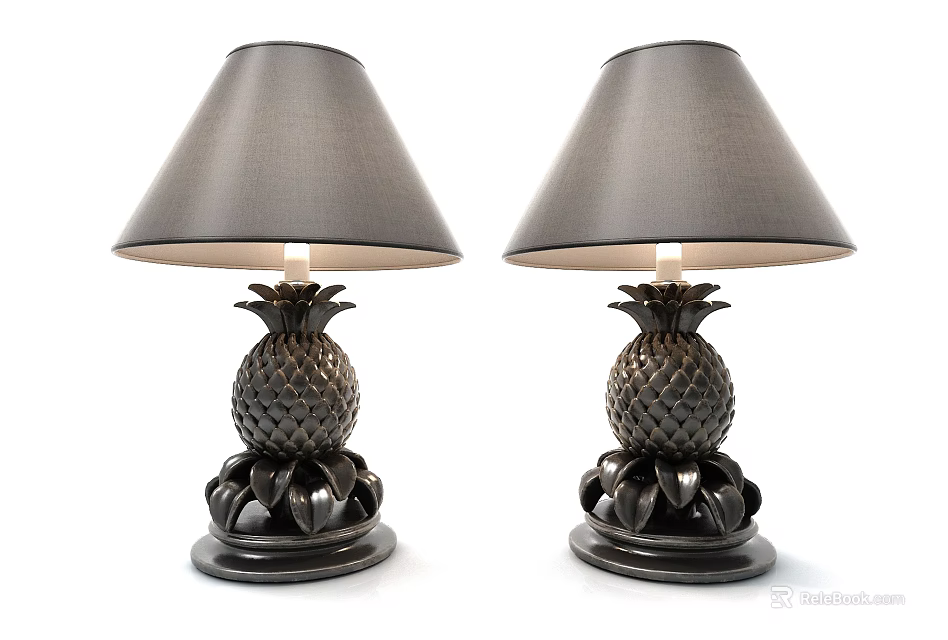 Two Pineapple Shaped Table Lamps with Gray Lampshades and Dark Decorative Bases 3d model 