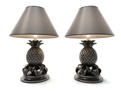 Two Pineapple Shaped Table Lamps with Gray Lampshades and Dark Decorative Bases 3d model