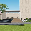 Modern Garden Landscape With Reflection Pool And Colorful Trees Near Seats