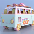 Turquoise And Pink Retro Styled Van With Orange Roof Rack Suitcases And Acoustic Guitar