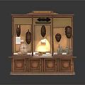 Vintage Wooden Display Cabinet With Glass Doors And Various Exhibits Inside