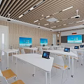 Modern Classroom With Wooden Walls White Tables Wheeled Chairs Tablets And Large Screens