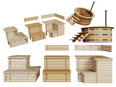 SPA Sauna Wooden Components With Benches Steps And Barrel Design Elements 3d model