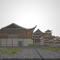 Ancient Chinese Architecture Featuring Traditional Tiled Roof Courtyard Layout and Surrounding Trees with Stone Pavement