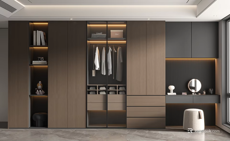 Modern Wooden Wardrobe Interior Design With Hanging Clothes Drawers Lighting And Mirror 3d model 