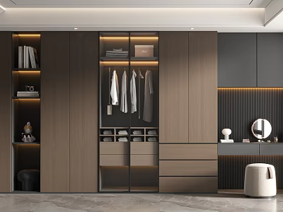 Modern Wooden Wardrobe Interior Design With Hanging Clothes Drawers Lighting And Mirror 3d model
