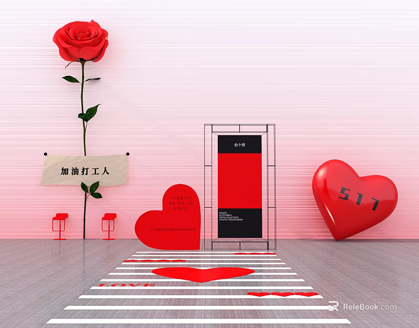 Red Rose With Keep Going Workers Sign Red Hearts 511 On Pink Background Decorative Scene 3d model 