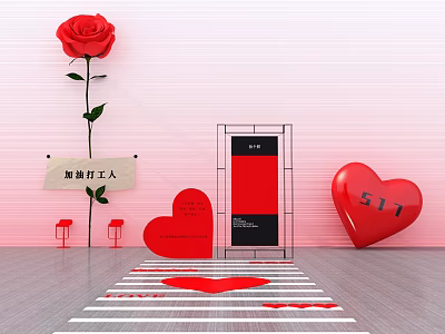 Red Rose With Keep Going Workers Sign Red Hearts 511 On Pink Background Decorative Scene 3d model