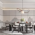 Elegant Modern Restaurant Interior Featuring Round Dining Table Chairs Pendant Light And Patterned Wall Panels