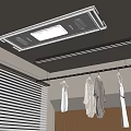 Ceiling Mounted Clothes Hanger With LED Lights And Hanging Clothes In Modern Interior
