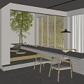 Modern Tea Room Interior With Open Layout Wooden Shelves Green Plant Long Table And Chairs