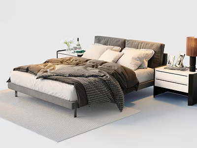 Modern Double Bed With Gray Headboard White Mattress Brown Bedspread And Side Tables 3d model