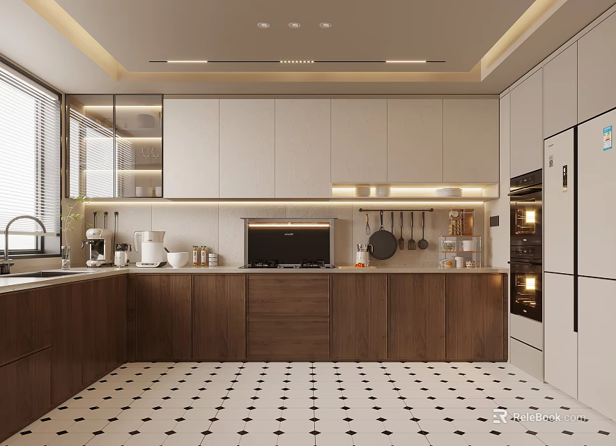 Modern Kitchen Interior Design With Cabinets Countertop Refrigerator Oven And Appliances 3d model 
