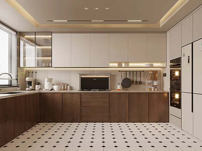 Modern Kitchen Interior Design With Cabinets Countertop Refrigerator Oven And Appliances 3d model