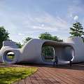 Outdoor Circular Playground Structure On Wooden Deck With Holes And Green Grass