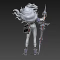 Woman With Silver Hair And Horns In Blue White Outfit Holding Spear With Blue Gem