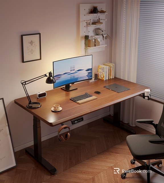 Wooden Desk And Gray Chair Home Office Setup With Computer Monitor Desk Lamp Coffee Cup 3d model 