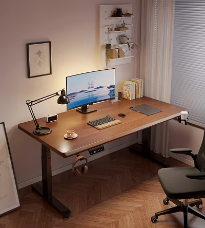 Wooden Desk And Gray Chair Home Office Setup With Computer Monitor Desk Lamp Coffee Cup 3d model