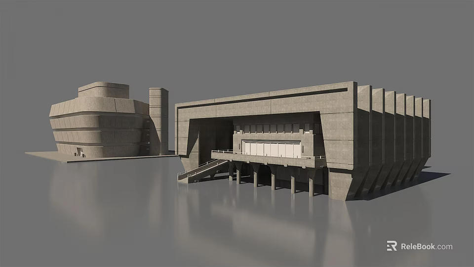 Modern Gray Concrete Building Structure With Exterior Steps And Large Windows 3d model