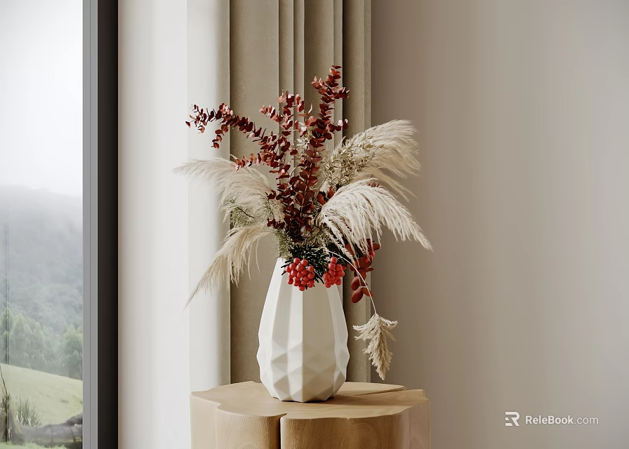 White Geometric Vase With Red Berries And White Pampas Grass On Wooden Table By Window 3d model 