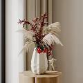 White Geometric Vase With Red Berries And White Pampas Grass On Wooden Table By Window