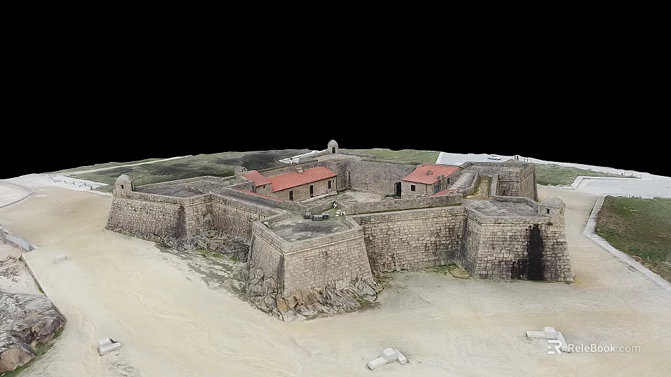 Ancient Stone Fortress Model With Red Roof Buildings Encircling Walls And Sand Base 3d model 