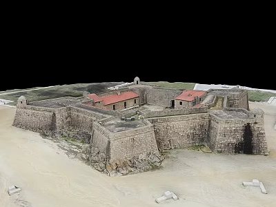 Ancient Stone Fortress Model With Red Roof Buildings Encircling Walls And Sand Base 3d model