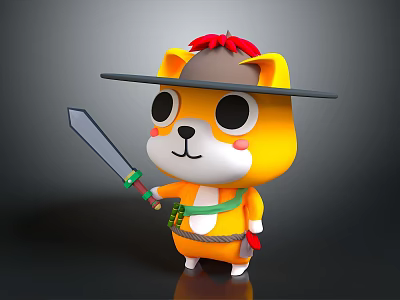 Cute Yellow Cartoon Game Movie Character with Wide Brimmed Hat Red Feather Holding Sword 3d model