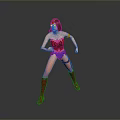 Woman in Red Blue Superhero Costume with Gold Accessories and Red Boots Action Pose