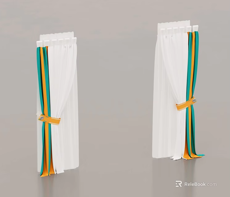 White Curtains With Green And Yellow Stripes And Yellow Ties 3d model 