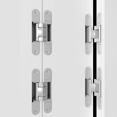 White Metal Hinges Installed On Door Panels With Hardware Components 3d model