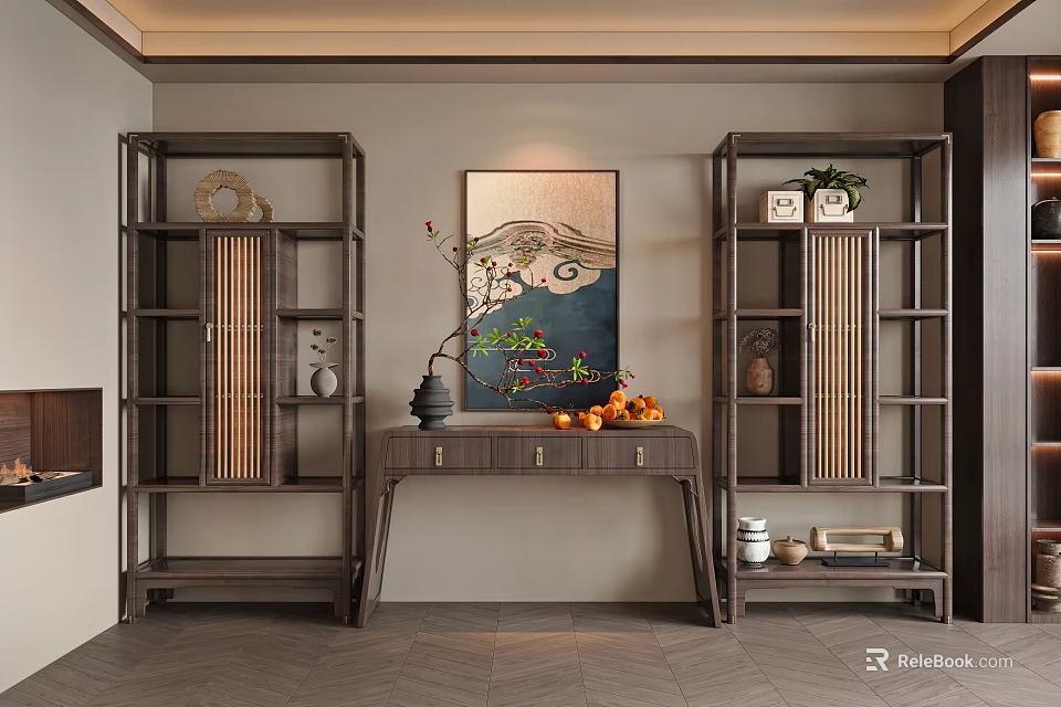 Traditional Chinese Wooden Bogu Shelf with Console Table Decorative Vase Fruits and Wall Painting 3d model 