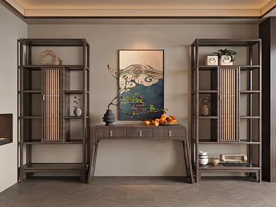 Traditional Chinese Wooden Bogu Shelf with Console Table Decorative Vase Fruits and Wall Painting 3d model