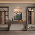 Traditional Chinese Wooden Bogu Shelf with Console Table Decorative Vase Fruits and Wall Painting