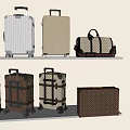 Various Stylish Suitcases and Bags on Shelves in Black White Beige Brown and Patterned Designs