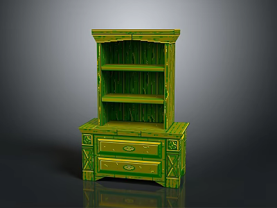 Elegant Green Wooden Cabinet with Drawers and Open Shelves Decorative Details 3d model