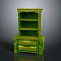Elegant Green Wooden Cabinet with Drawers and Open Shelves Decorative Details