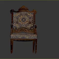 Classic Carved Wood Armchair With Patterned Fabric Upholstery And Ornate Design Details