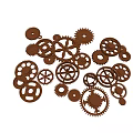 Hardware Tools Display With Golden Metal Gears In Various Sizes And Shapes