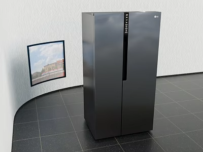 Black Double Door Refrigerator In Modern Interior Space With Decorative Wall Art 3d model