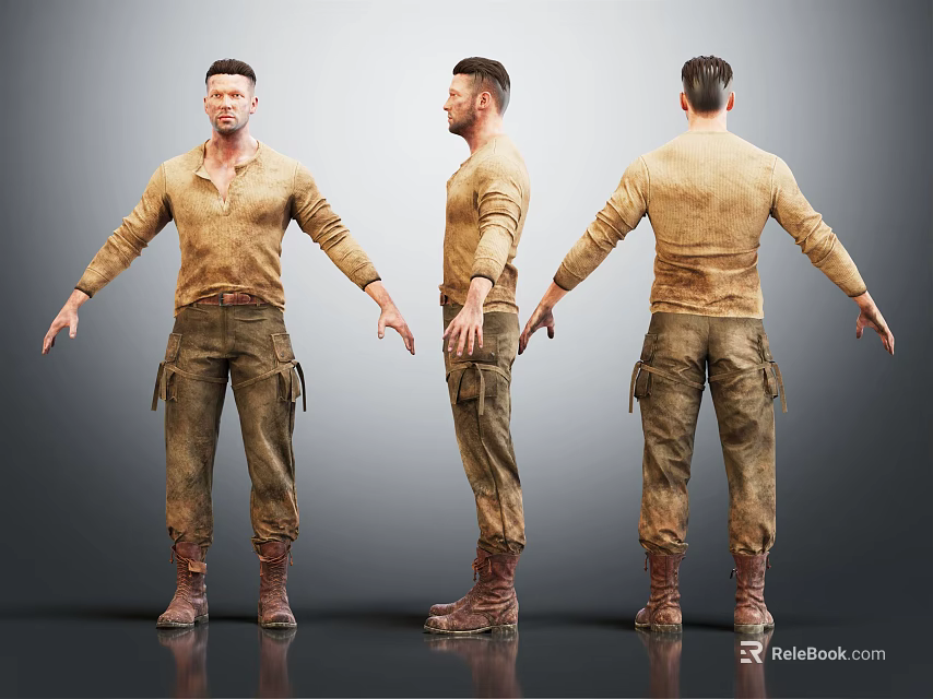 Three Angles View Male Character 3D Model Wearing Brown Shirt Khaki Pants And Boots 3d model 