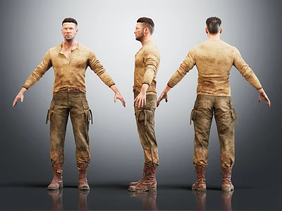 Three Angles View Male Character 3D Model Wearing Brown Shirt Khaki Pants And Boots 3d model
