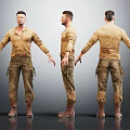 Three Angles View Male Character 3D Model Wearing Brown Shirt Khaki Pants And Boots