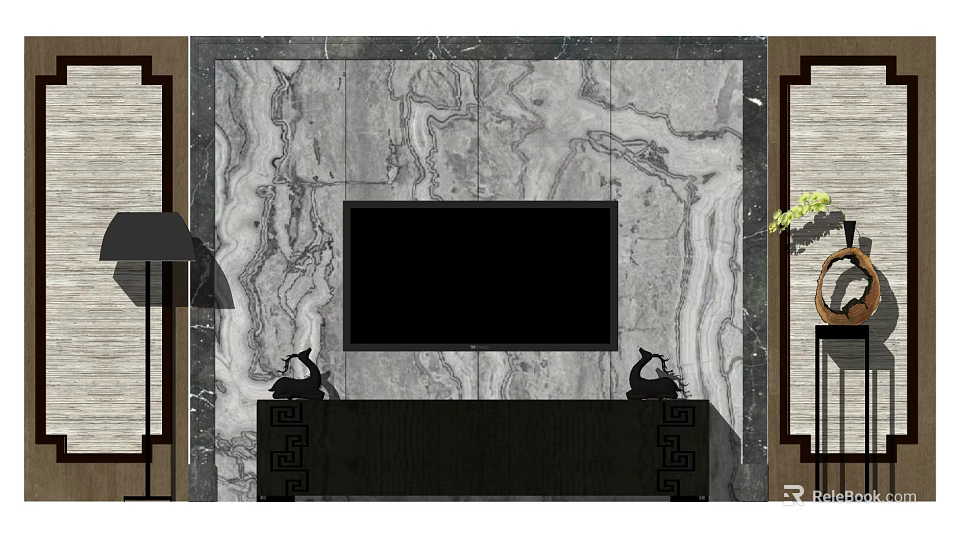 Modern TV Background Wall With Marble Patterned Design And Dark Wood Cabinet 3d model