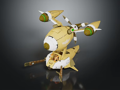 Yellow Mechanical Aircraft Model With Green Engines Propellers And Sci Fi Design 3d model