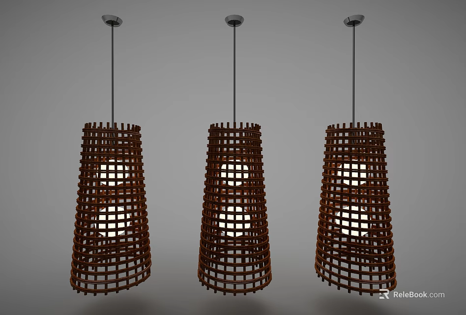 Three Stylish Brown Woven Conical Pendant Lights With Illuminated Bulbs 3d model 