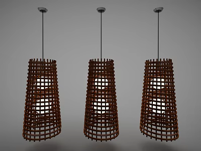 Three Stylish Brown Woven Conical Pendant Lights With Illuminated Bulbs 3d model