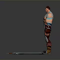 Muscular Man With Blue Arm Tattoos Brown Belt And Sword Beside Him